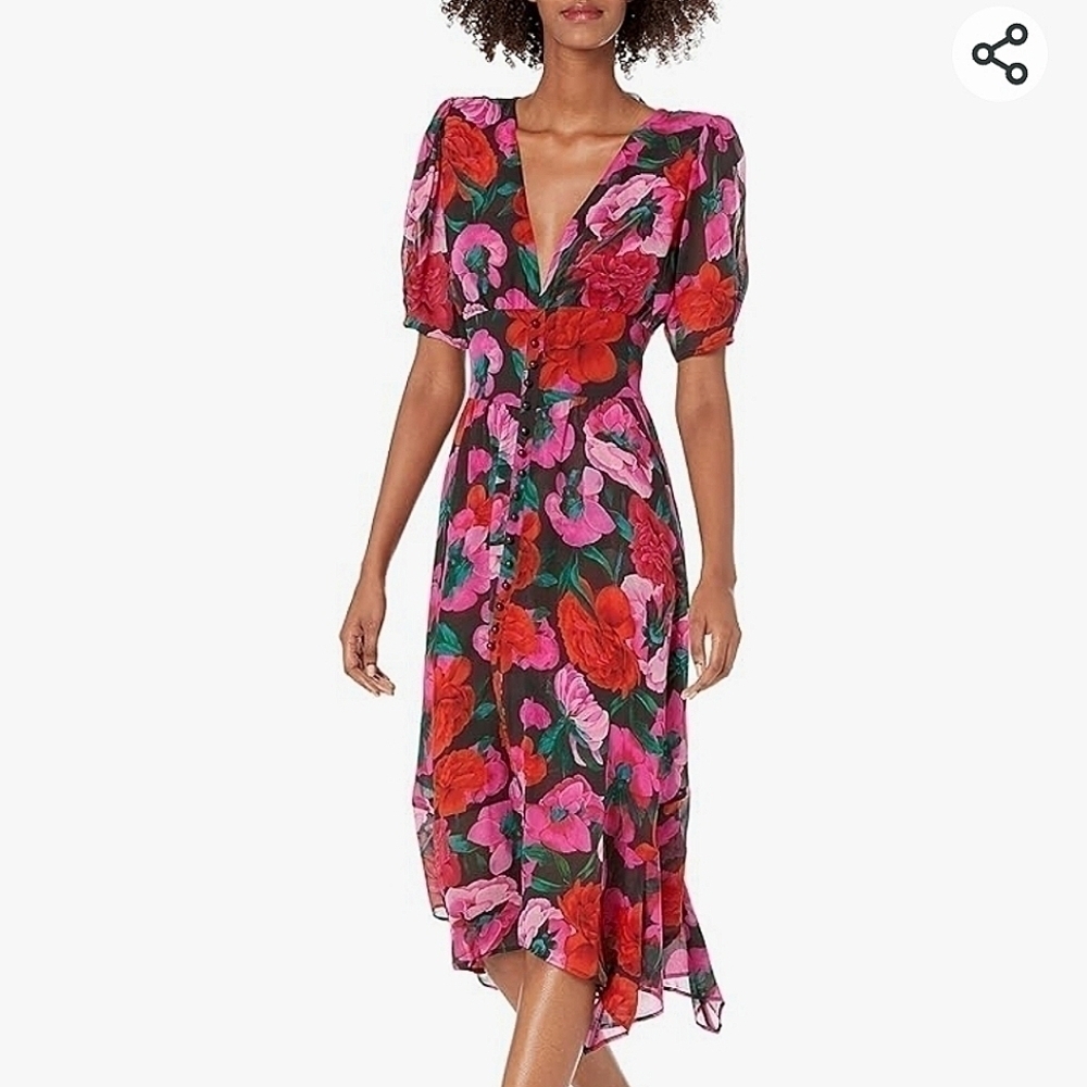 The Kooples midi black summer silk dress floral print XS